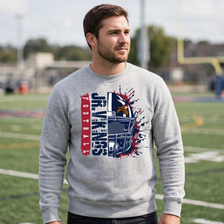 Man wearing grey Seaman Jr. Vikings football helmet splatter crewneck sweatshirt Topeka Kansas
