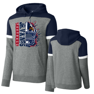 Grey navy and white Seaman Jr. Vikings football helmet splatter drive fleece colorblock hoodie front and back flat lay
