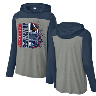 Grey and navy Seaman Jr. Vikings football helmet splatter halftime long sleeve hoodie front and back flat lay
