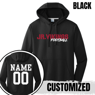 Black Seaman Jr. Vikings Football performance hoodie with custom name and number on back - stencil grit design