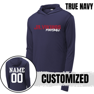 True navy Seaman Jr Vikings Football hooded performance pullover with custom name and number on back - personalized option