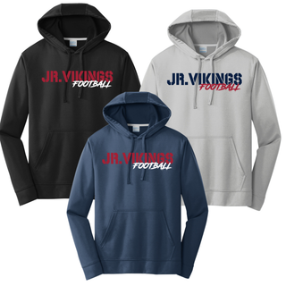 Seaman Jr. Vikings Football performance hoodie in black, deep navy, and silver with red stencil Jr. Vikings Football logo