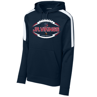 Deep Navy fan favorite hoodie with white sleeve stripes and Seaman Jr. Vikings Football Sideline front design