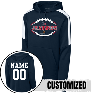 Deep Navy fan favorite hoodie with Seaman Jr. Vikings Football Sideline front design and custom name number on back
