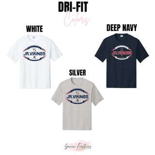 Seaman Jr. Vikings Football Sideline Top Dri-Fit tees in White, Deep Navy, and Silver