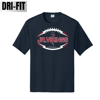 Deep Navy Dri-Fit tee with Seaman Jr. Vikings Football Sideline Top design in football laces outline