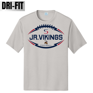 Silver Dri-Fit tee with Seaman Jr. Vikings Football Sideline Top design with S logo and viking mascot