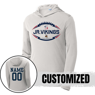 Silver performance hoodie with Seaman Jr. Vikings Football Sideline Top front design and customized name and number back