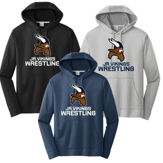 Seaman Jr. Vikings Mat Pride Performance Hoodie featuring a Viking head and JR. VIKINGS WRESTLING lettering.