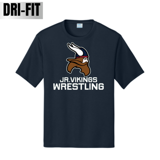 Seaman Jr. Vikings Mat Pride Performance Top featuring a Viking head above JR. VIKINGS WRESTLING lettering.