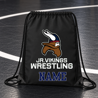 Black Seaman Jr. Vikings Mat Pride drawstring bag with a Viking head, JR. VIKINGS WRESTLING lettering, and a personalized name.