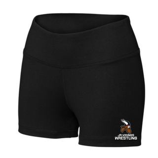 Seaman Jr. Vikings Mat Pride Women's Interval Performance Shorts featuring a Viking head and JR. VIKINGS WRESTLING lettering.