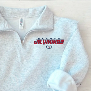 Seaman Jr Vikings primary football cadet quarter zip pullover in ash grey with SEAMAN JR VIKINGS logo on left chest close up front view