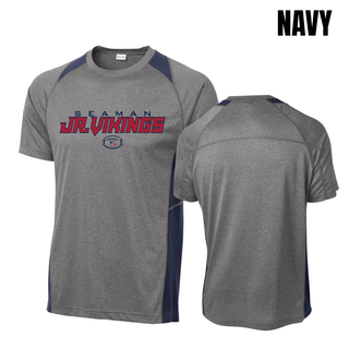 Seaman Jr Vikings primary football heather colorblock contender tee vintage heather and navy front and back view