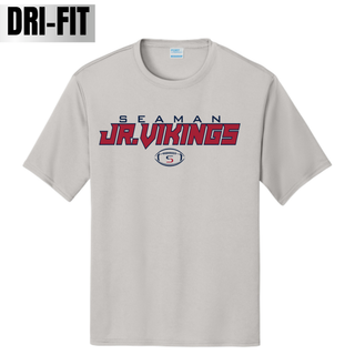 Seaman Jr Vikings primary football dri-fit performance tee in silver with SEAMAN JR VIKINGS red logo and S football