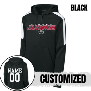 Black Seaman Jr Vikings primary football fan favorite hoodie customized with NAME 00 on back in white - customized option