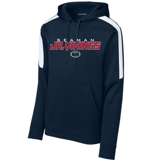 Seaman Jr Vikings primary football fan favorite hoodie in navy with white shoulder stripes and SEAMAN JR VIKINGS logo on chest front view
