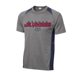 Seaman Jr Vikings primary football heather colorblock contender tee in vintage heather and true navy with SEAMAN JR VIKINGS logo front view
