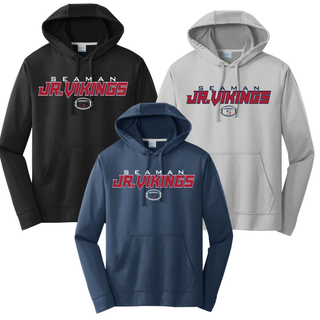 Seaman Jr Vikings primary football performance hoodie in black silver and deep navy with SEAMAN JR VIKINGS logo front view