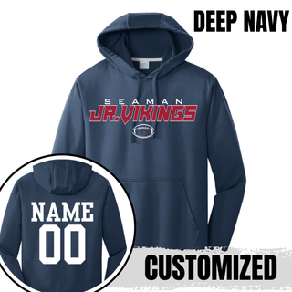 Deep navy Seaman Jr Vikings primary football performance hoodie customized with NAME 00 in white on back