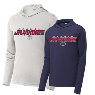 Seaman Jr Vikings primary football PosiCharge competitor hoodie in silver and true navy with SEAMAN JR VIKINGS logo front view two pack