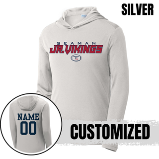 Silver Seaman Jr Vikings primary football PosiCharge competitor hoodie customized with NAME 00 on back in navy