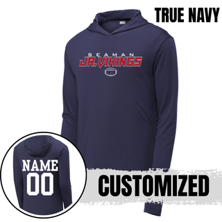 True navy Seaman Jr Vikings primary football PosiCharge competitor hoodie customized with NAME 00 in white on back