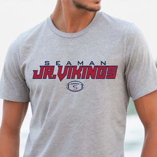 Seaman Jr Vikings primary football tee in athletic heather with SEAMAN JR VIKINGS logo and S football - front view