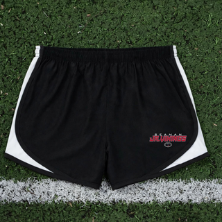 Black Seaman Jr. Vikings Primary Football Women's Cadence performance short flat lay with SEAMAN JR.VIKINGS lettering and football icon on the left leg