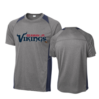 Heather grey and navy colorblock contender tee front and back views with seaman jr. vikings signature football wordmark
