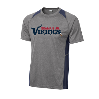 Heather grey and navy colorblock contender tee with seaman jr. vikings signature football wordmark, product shot
