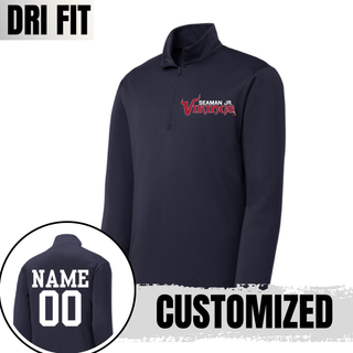 Navy dri-fit performance quarter zip with seaman jr. vikings signature football, back showing customized name and number
