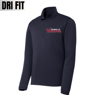 Navy dri-fit performance quarter zip with seaman jr. vikings signature football wordmark on left chest, product shot

