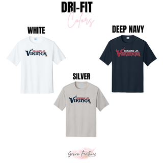 Dri-fit performance tee color chart in white, deep navy, and silver with seaman jr. vikings signature football wordmark
