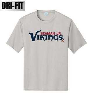 Silver dri-fit performance tee with seaman jr. vikings signature football wordmark in navy and crimson
