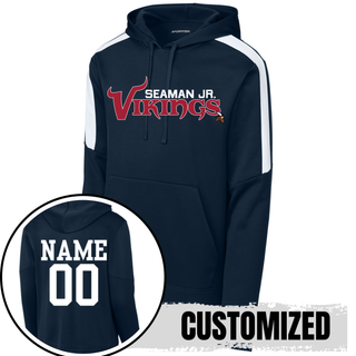 Navy and white colorblock fan favorite hoodie with seaman jr. vikings signature football, back showing name and number

