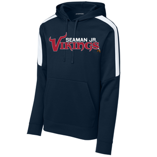 Navy and white colorblock fan favorite hoodie with seaman jr. vikings signature football wordmark on front
