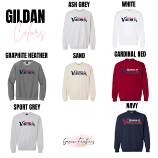 Gildan crewneck in ash grey, white, graphite heather, sand, cardinal red, sport grey, and navy with seaman jr. vikings
