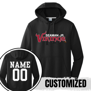 Black performance fleece hoodie with seaman jr. vikings signature football wordmark, back showing customized name and number
