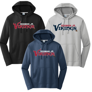 Black, silver, and navy performance fleece hoodies with seaman jr. vikings signature football wordmark design
