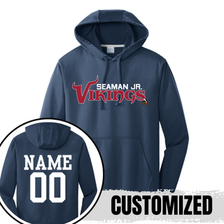 Navy performance fleece hoodie with seaman jr. vikings signature football wordmark, back showing customized name and number
