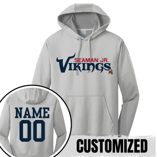 Silver performance fleece hoodie with seaman jr. vikings signature football wordmark, back showing customized name and number
