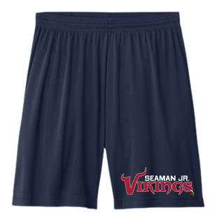 Navy performance shorts with seaman jr. vikings signature football wordmark on lower left leg, product flat
