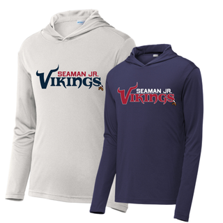 Silver and navy posicharge competitor hoodies with seaman jr. vikings signature football wordmark design
