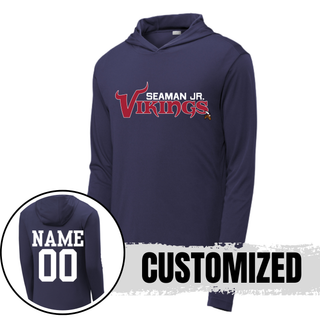 Navy posicharge competitor hoodie with seaman jr. vikings signature football, back showing customized name and number
