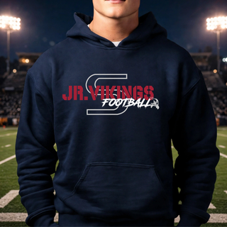 Seaman Jr. Vikings Signature Football top in navy with red white and grey S monogram design
