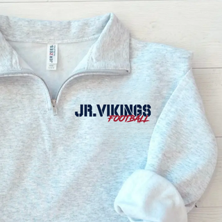 Seaman Jr Vikings Football cadet quarter zip pullover in ash grey with JR VIKINGS FOOTBALL left chest stencil logo - flat lay detail