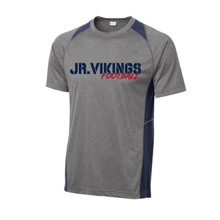 Seaman Jr Vikings Stencil Grit Football colorblock contender tee in vintage heather and true navy with Jr Vikings Football stencil logo