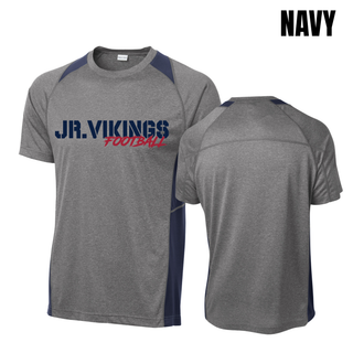 Seaman Jr Vikings Stencil Grit Football colorblock contender tee in vintage heather true navy front and back view with navy and red logo