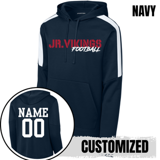 Navy Seaman Jr Vikings Stencil Grit Football fan favorite hoodie with white shoulder stripes and custom name and number back